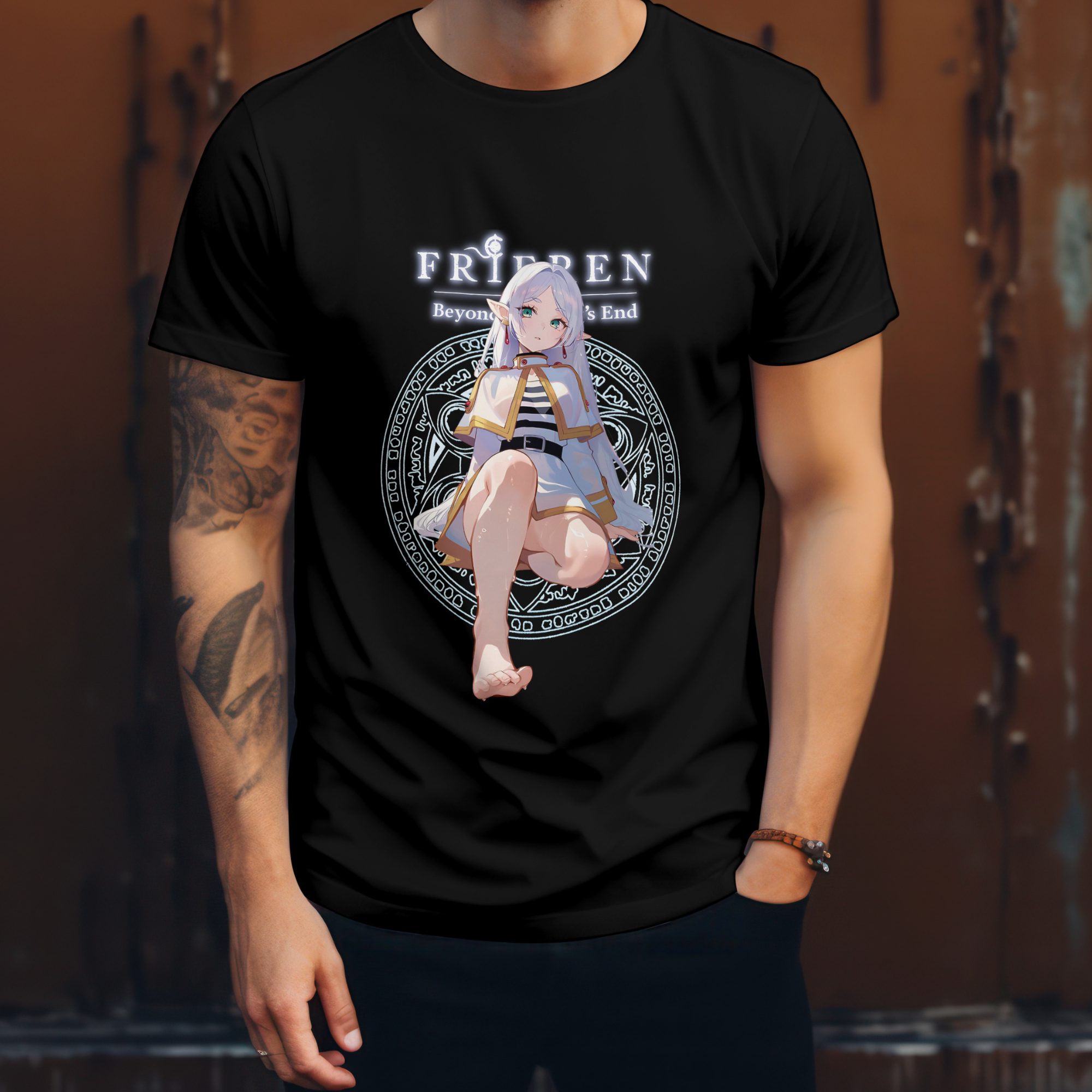 Casual anime streetwear t-shirt showcasing Frieren’s feet in detailed artwork print