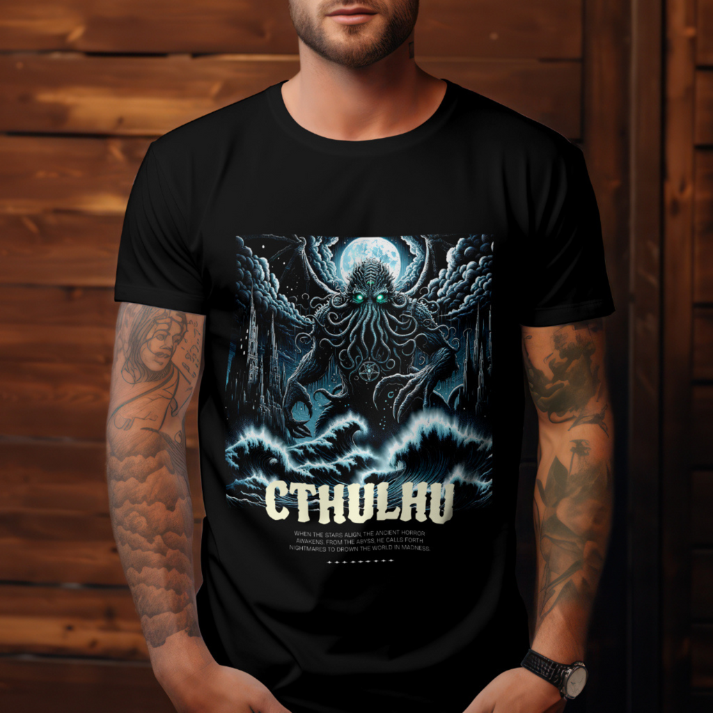 "Ironchain19 gothic streetwear t-shirt showcasing Lovecraft’s Cthulhu in unique black and white art"