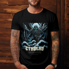 "Ironchain19 gothic streetwear t-shirt showcasing Lovecraft’s Cthulhu in unique black and white art"