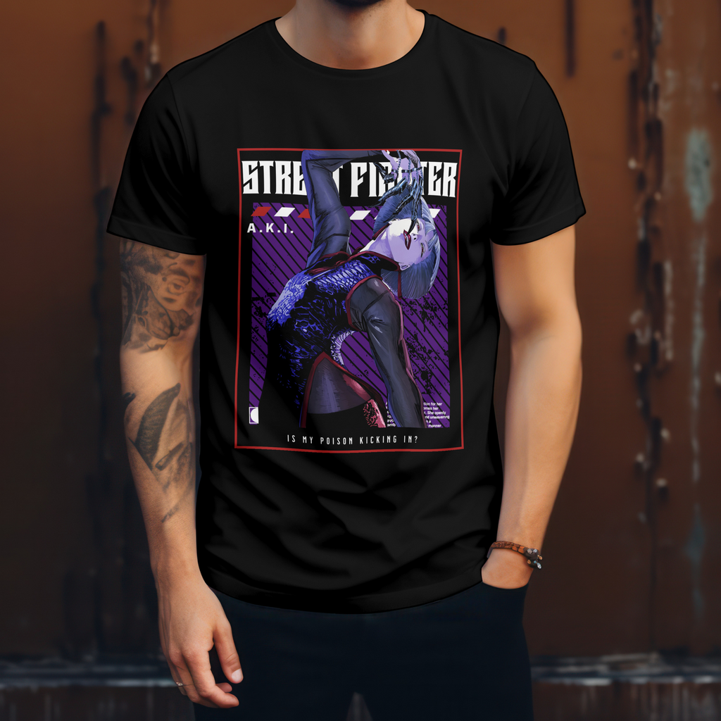 Edgy gaming graphic tee featuring Street Fighter A.K.I. in unique stylish pose