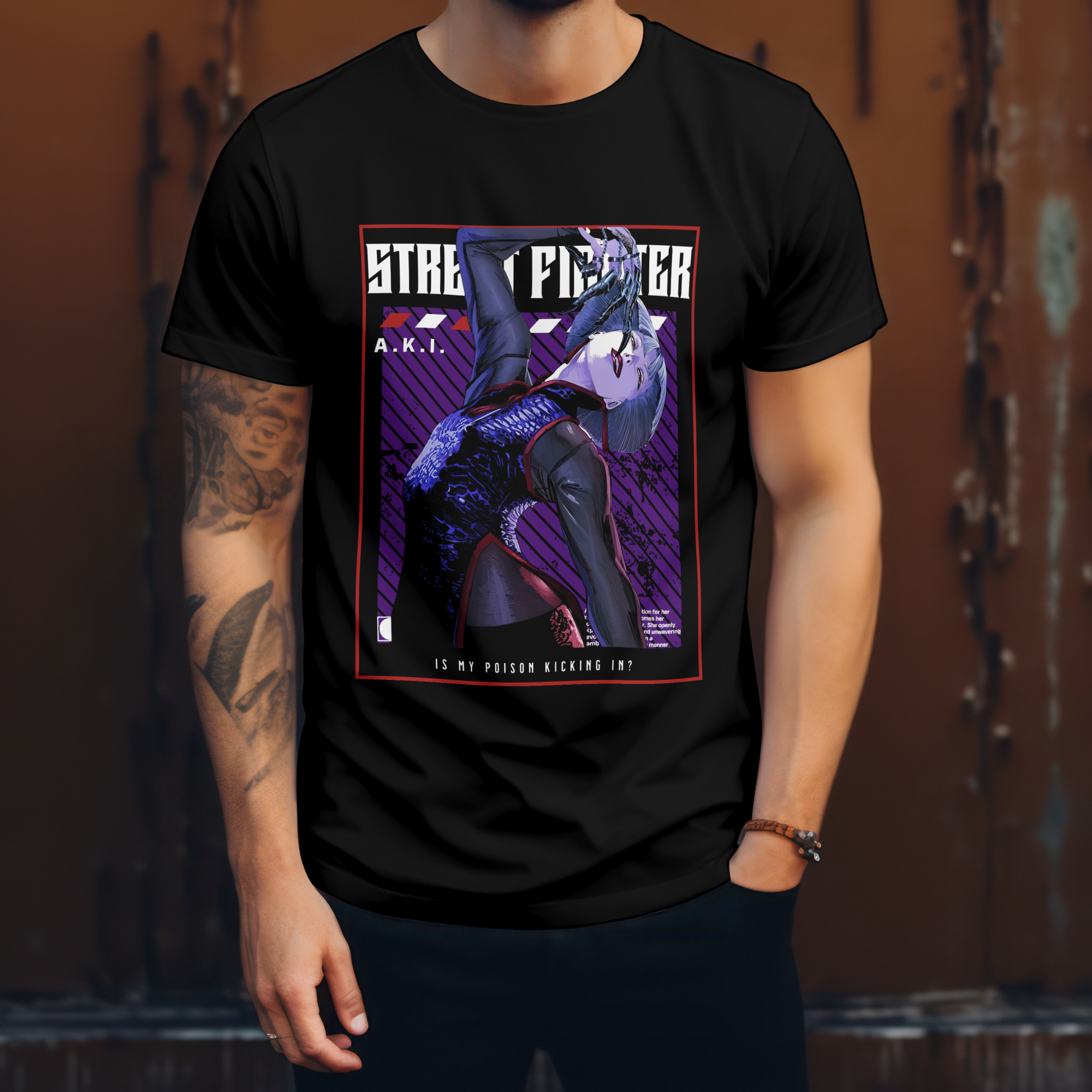 Edgy gaming graphic tee featuring Street Fighter A.K.I. in unique stylish pose