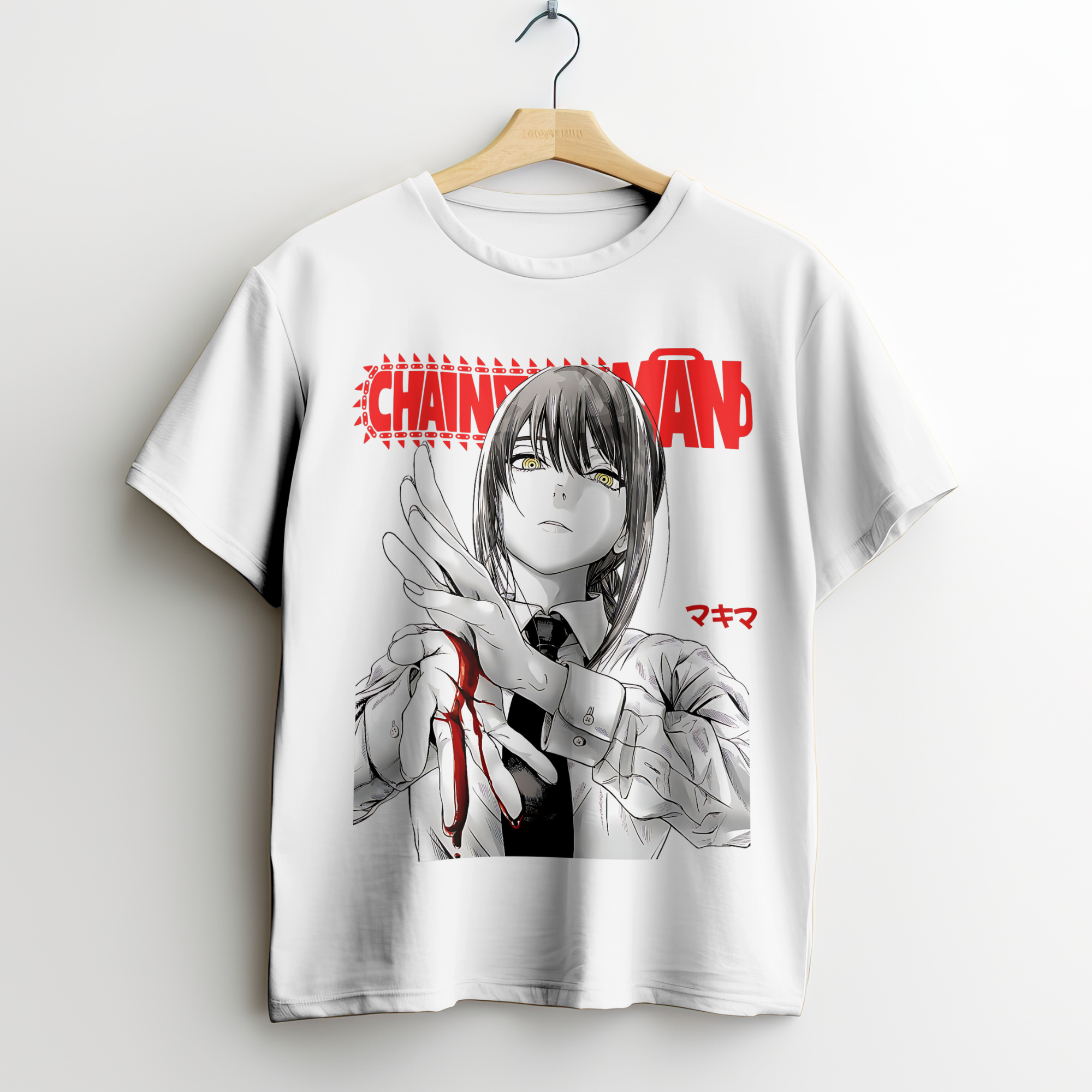Black cotton T-shirt showcasing Chainsaw Man character Makima in detailed manga artwork.