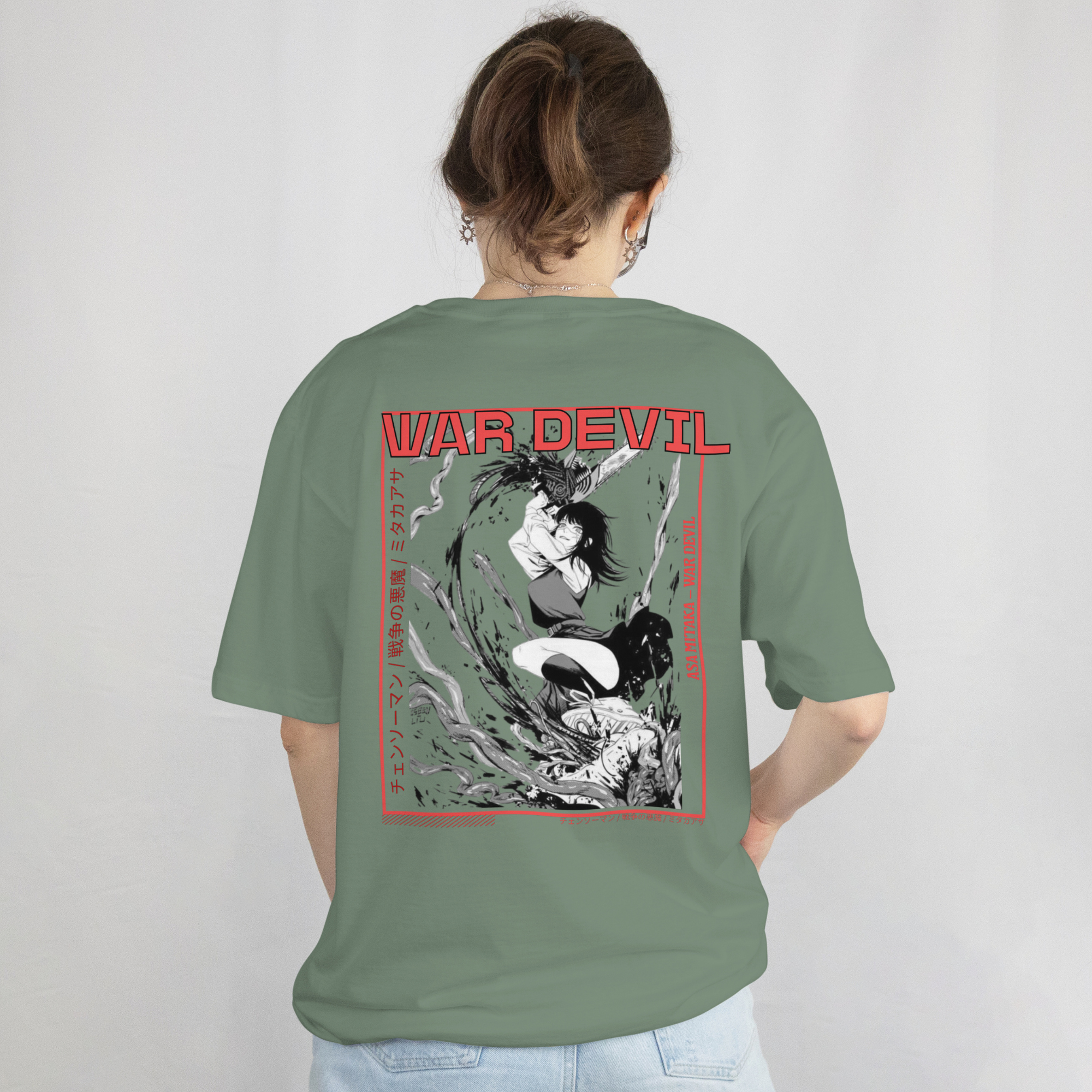 "Black and white Chainsaw Man War Devil manga t-shirt with bold Japanese graphic design"