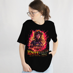 Firefighter flame graphic tee honoring strong women in rescue work.