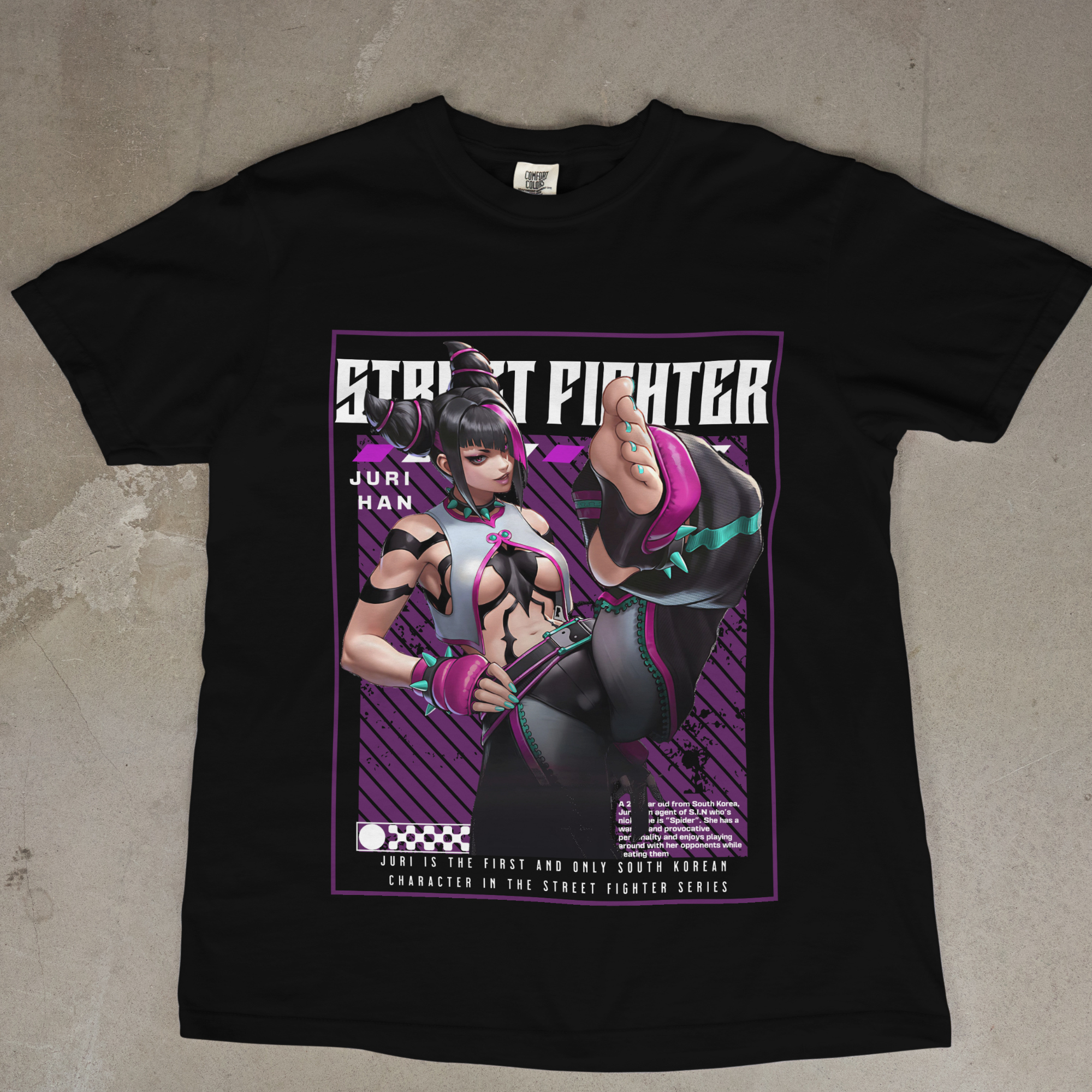"Black cotton graphic tee featuring Juri Han character design from Street Fighter series"