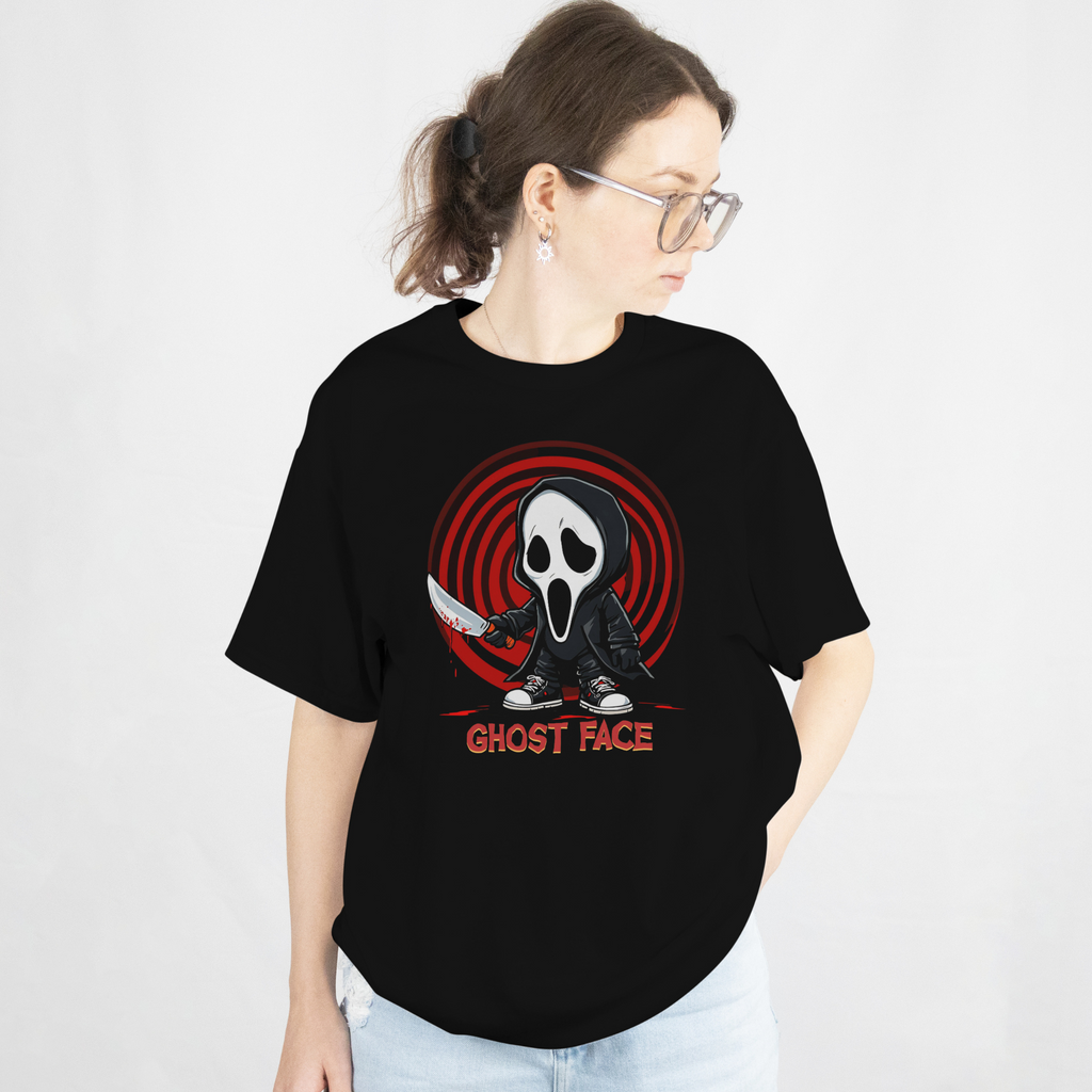 Cartoon-style Ghost Face parody tee for men and women, soft washed black Comfort Colors shirt.