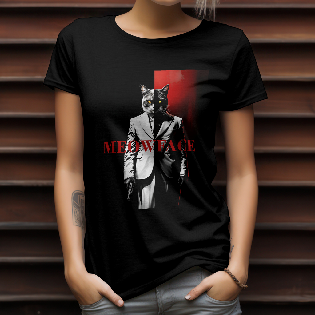 "Funny mafia cat graphic shirt called Meowface – trendy cat lover gift and bold streetwear statement piece."