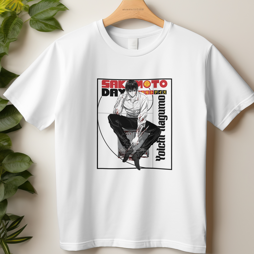 White Sakamoto Days Yoichi Nagumo T-shirt featuring bold manga artwork for anime streetwear fans