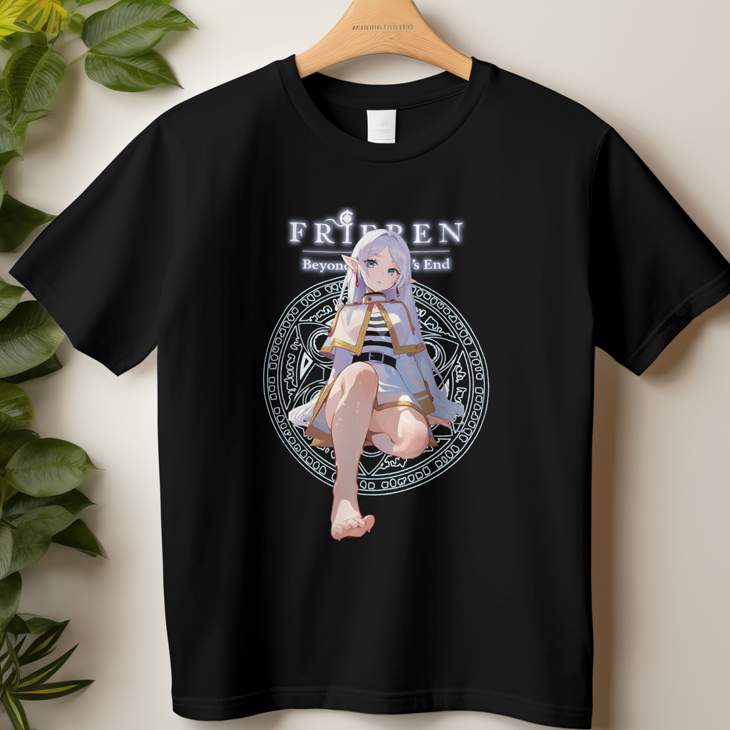 Black anime t-shirt featuring Frieren character sitting with bare feet highlighted in the design