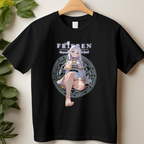 Black anime t-shirt featuring Frieren character sitting with bare feet highlighted in the design