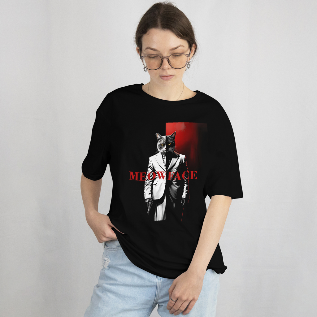 "Parody mafia cat t-shirt with retro red and black artwork – perfect for men and women who love unique streetwear."