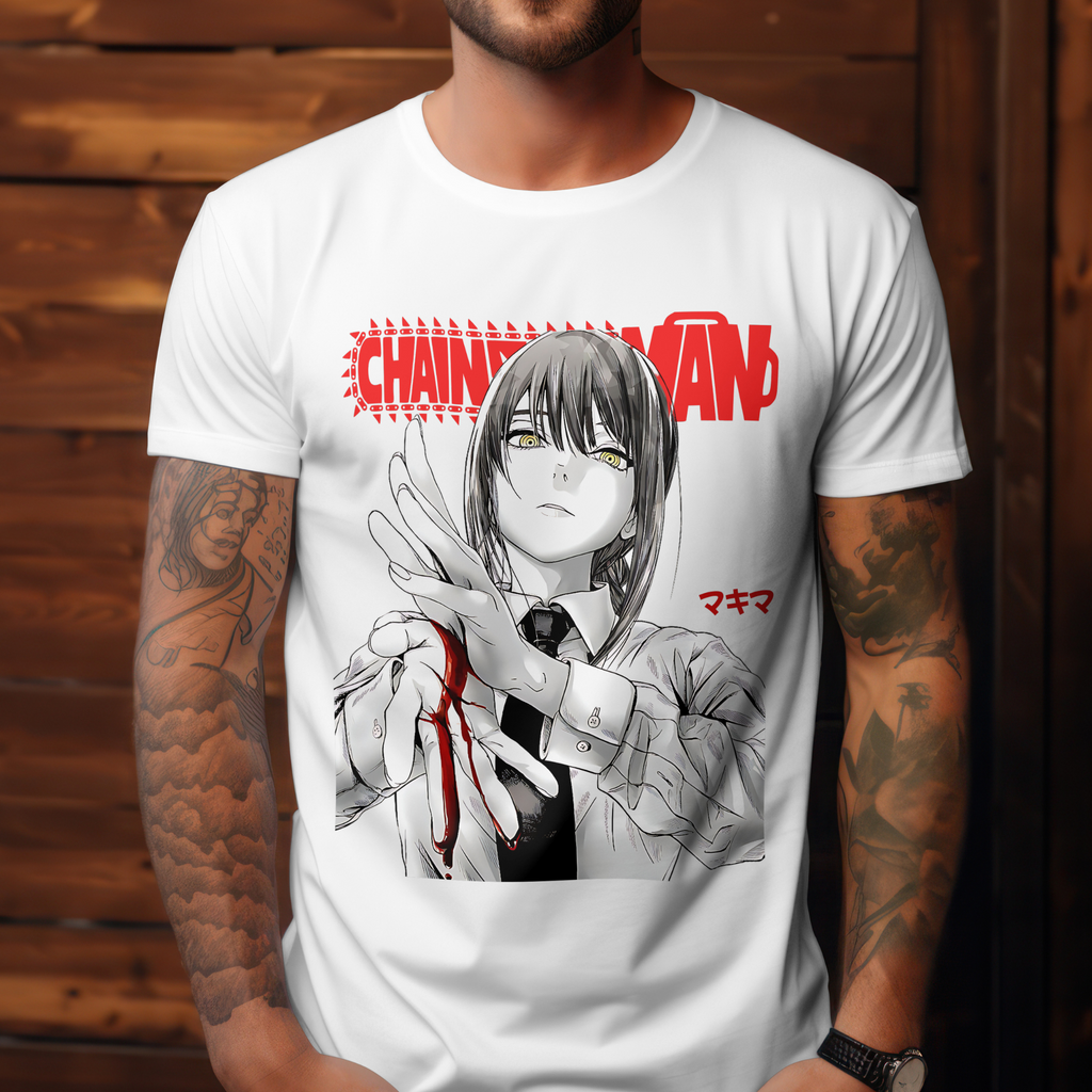 Japanese anime fashion T-shirt with Chainsaw Man Makima design, ideal for cosplay or casual wear.