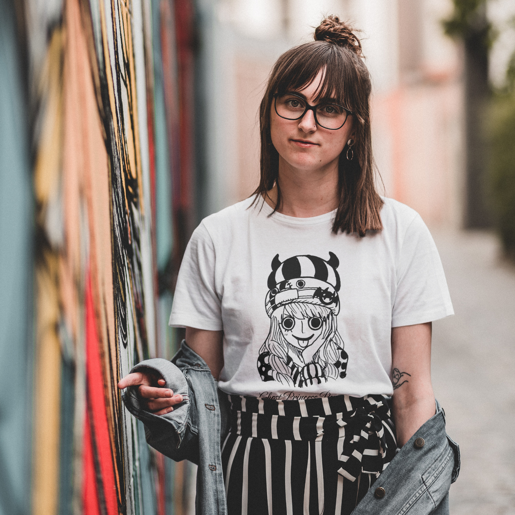 "Unisex One Piece anime tee with Perona gothic artwork and skull-themed print"