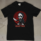 Black Comfort Colors 1717 t-shirt featuring a cute Ghost Face parody graphic holding a bloody knife with horror comedy style.