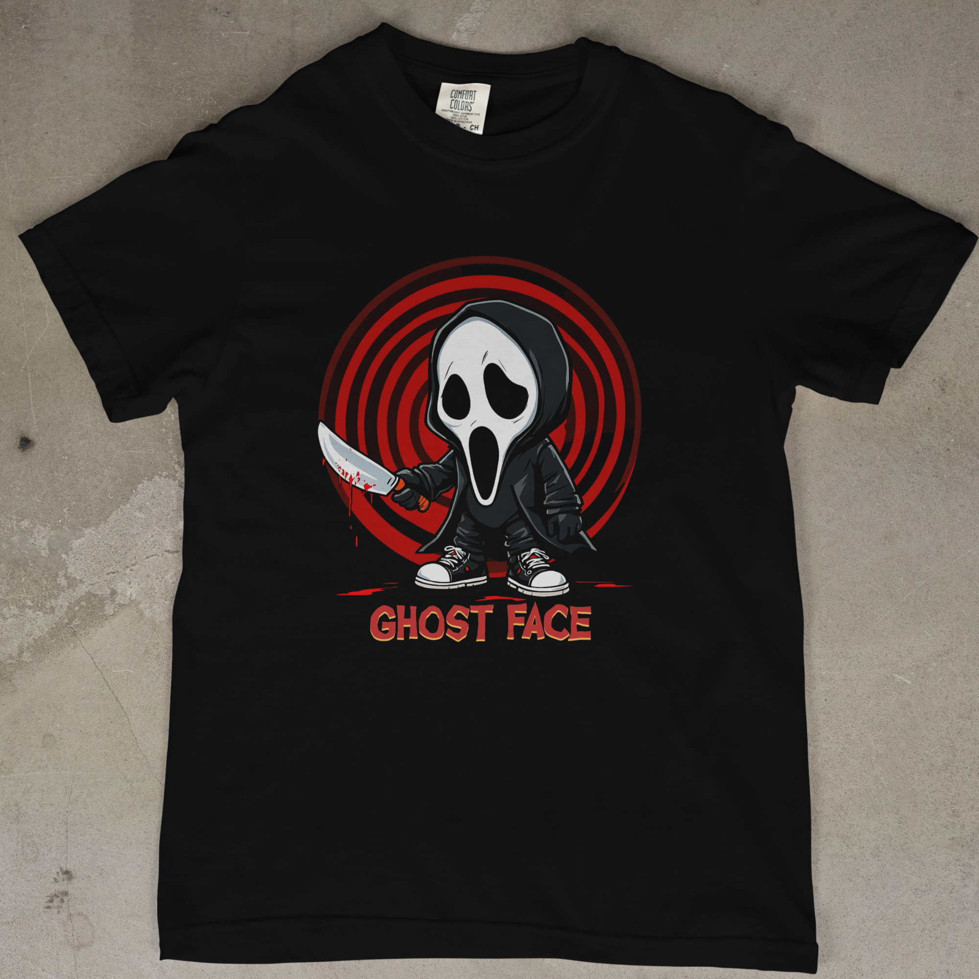 Black Comfort Colors 1717 t-shirt featuring a cute Ghost Face parody graphic holding a bloody knife with horror comedy style.