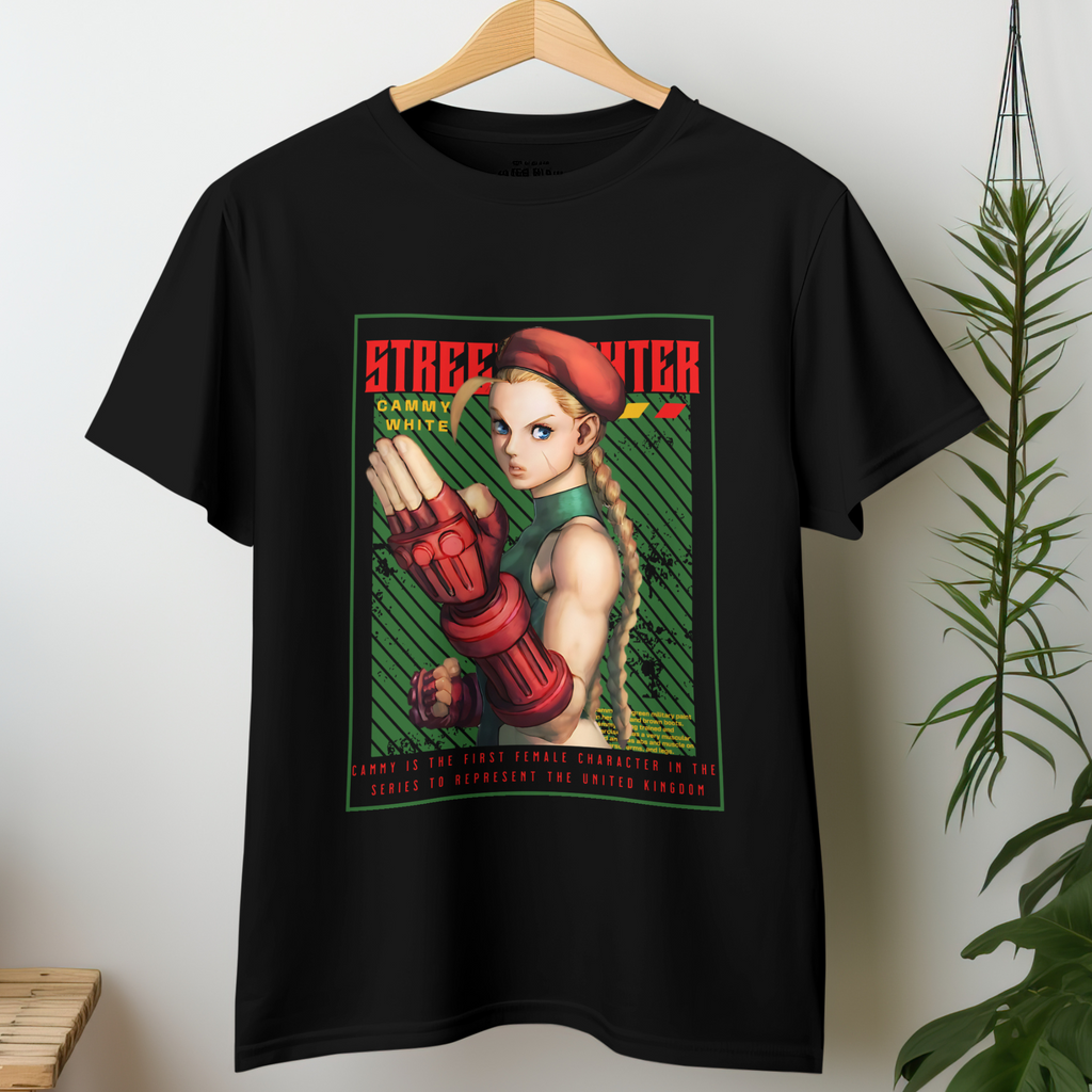 Street Fighter Cammy White graphic T-shirt with anime fighter design
