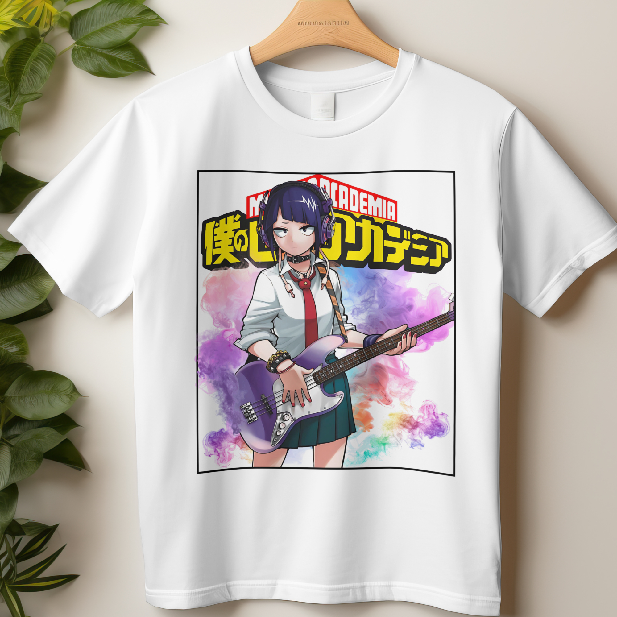 Black cotton anime t-shirt featuring Kyouka Jirou rocking guitar with colorful smoke background.