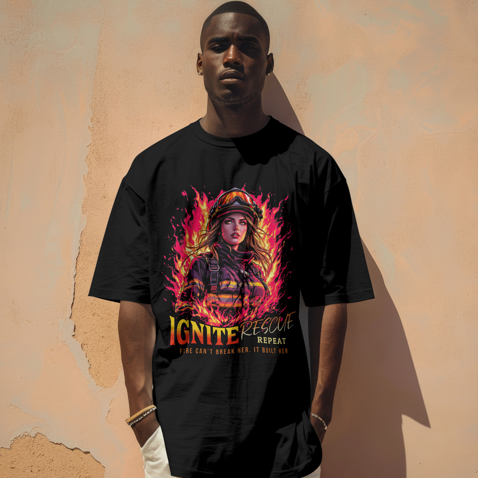 Bold female firefighter t-shirt ignite rescue fire flame design.