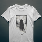 "White unisex Ringu t-shirt featuring The Ring Sadako design – perfect for horror fans"