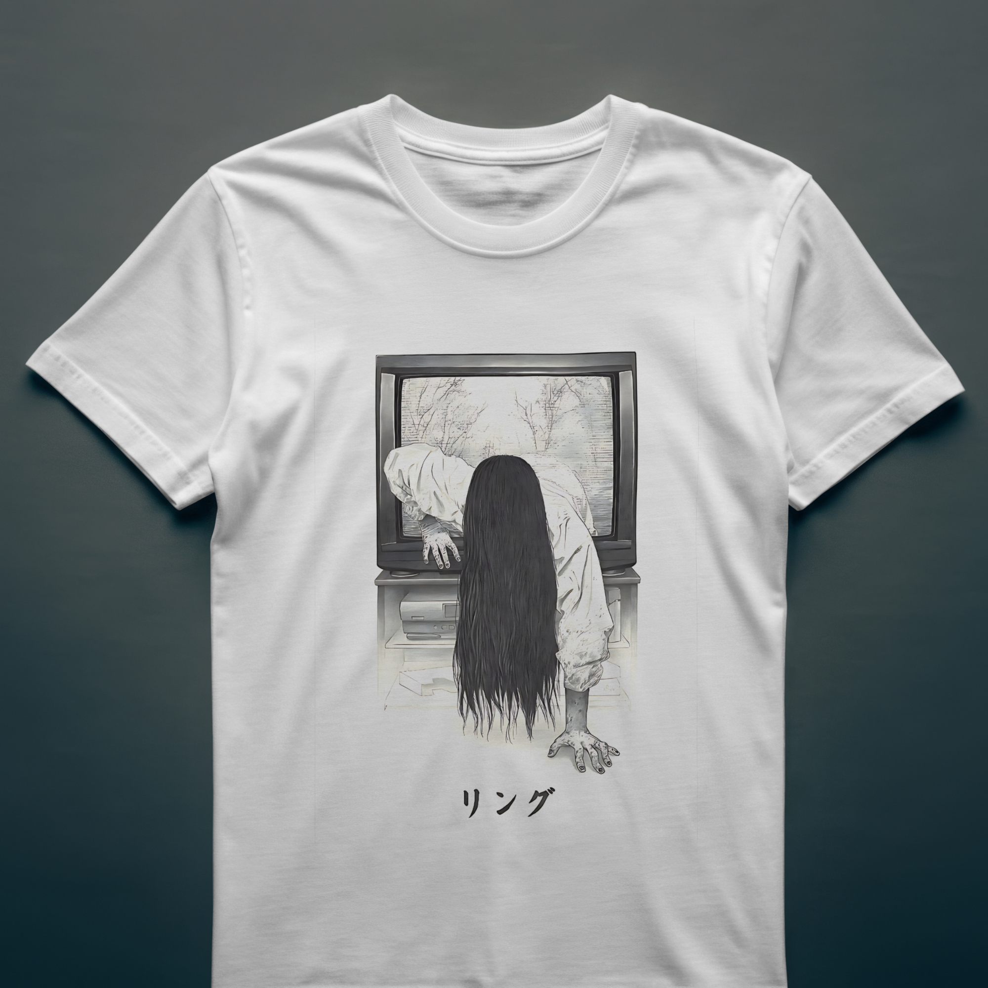 "White unisex Ringu t-shirt featuring The Ring Sadako design – perfect for horror fans"