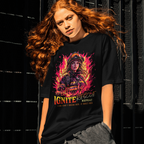 Women’s firefighter t-shirt ignite rescue theme with bold fire flame art.
