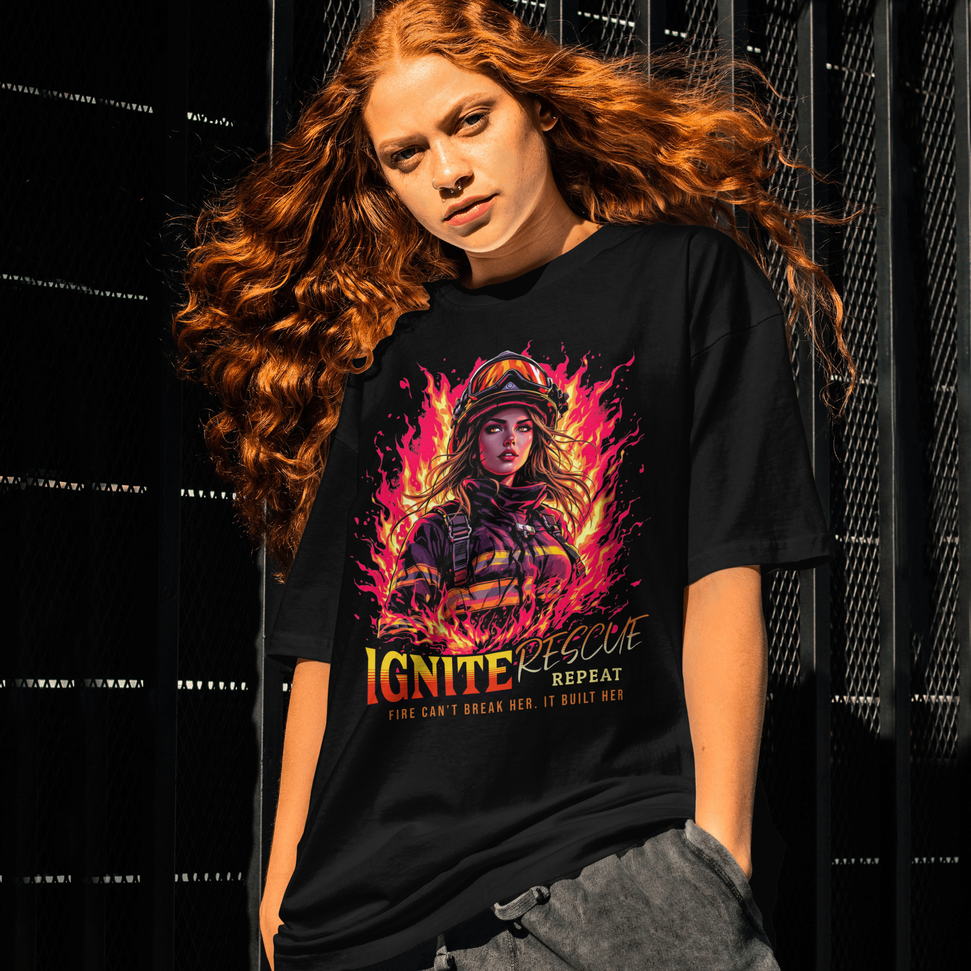 Women’s firefighter t-shirt ignite rescue theme with bold fire flame art.
