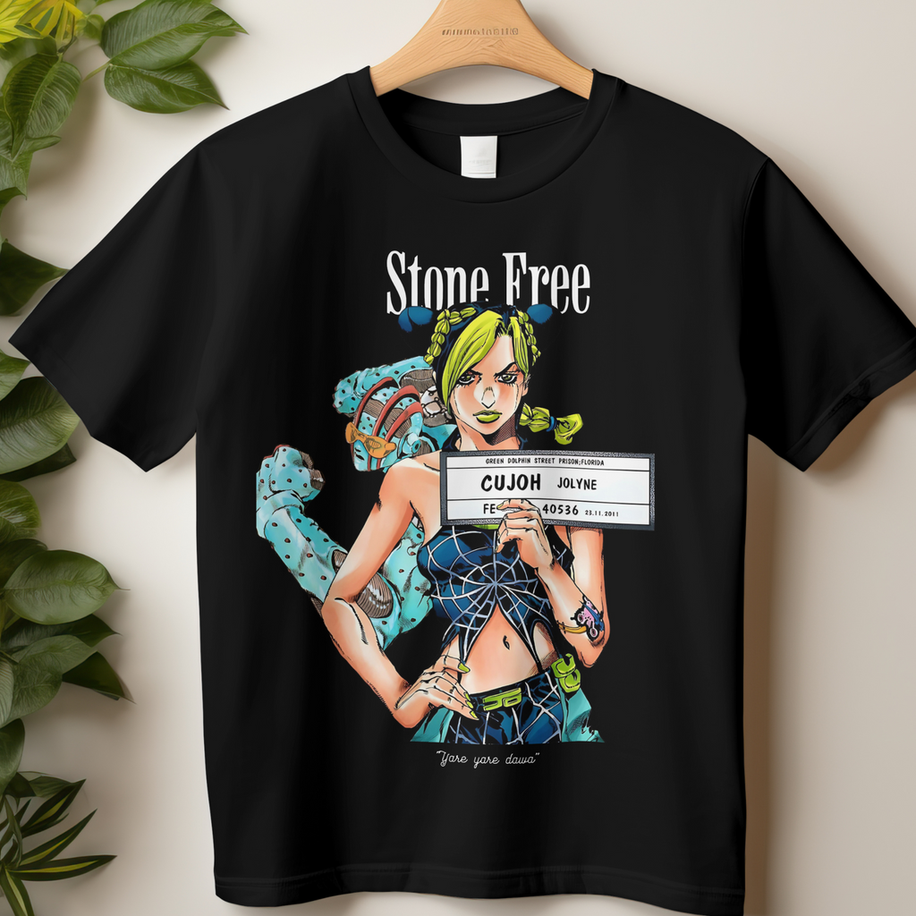 Anime t-shirt featuring Jolyne Cujoh from JoJo’s Bizarre Adventure Stone Ocean in bold Stone Free design.