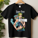 Anime t-shirt featuring Jolyne Cujoh from JoJo’s Bizarre Adventure Stone Ocean in bold Stone Free design.