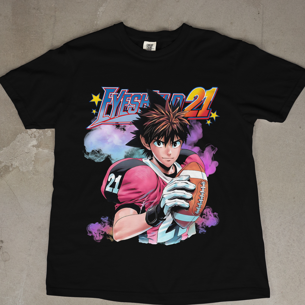 Retro anime football shirt with Eyeshield 21 colorful design print.