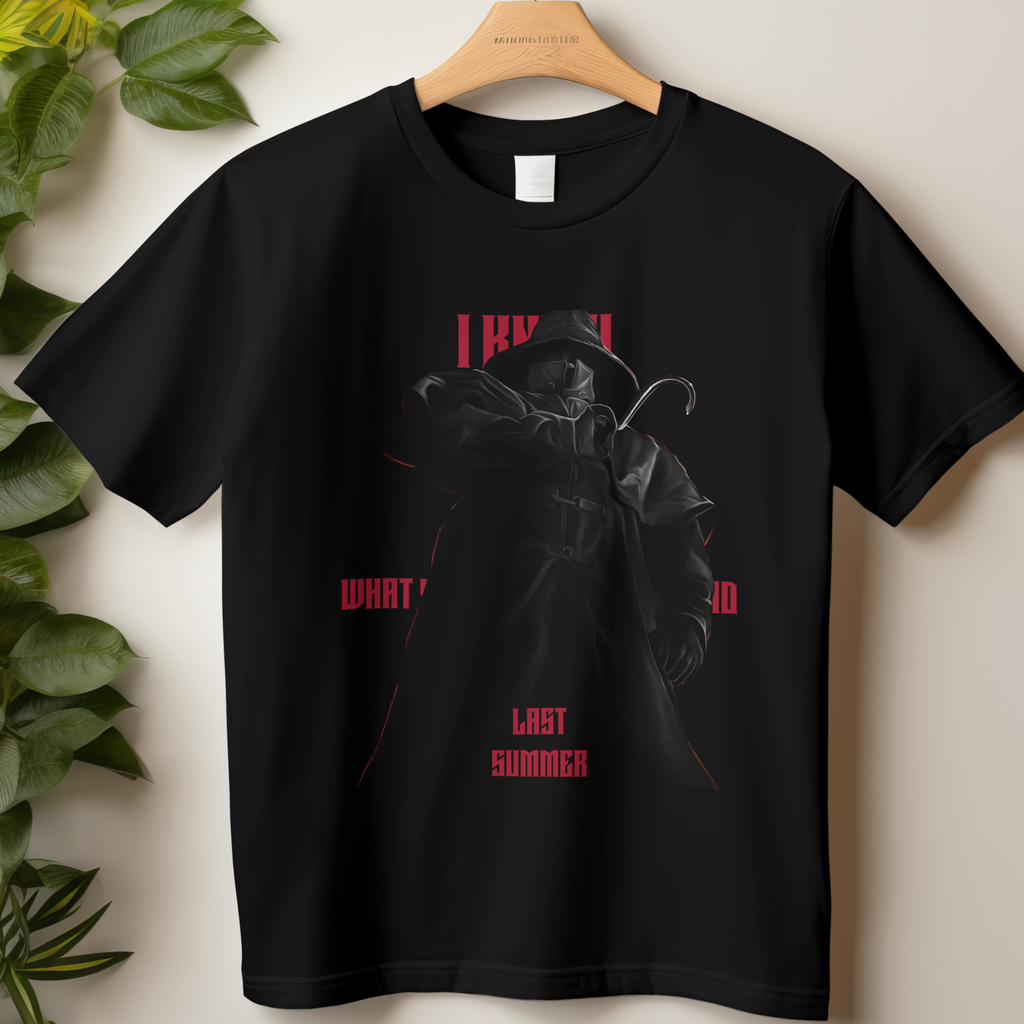 Black oversized graphic t-shirt with creepy masked killer art for horror convention wear.