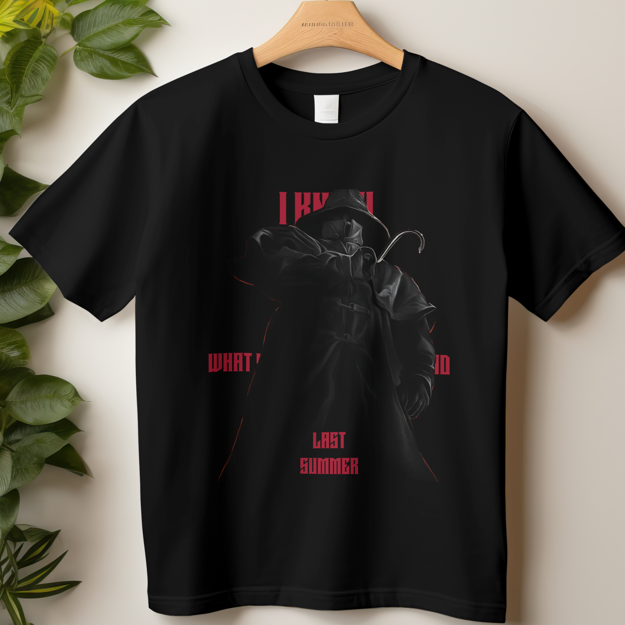 Black oversized graphic t-shirt with creepy masked killer art for horror convention wear.