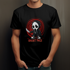 Funny horror movie Ghost Face t-shirt with bold red background circle and streetwear aesthetic.