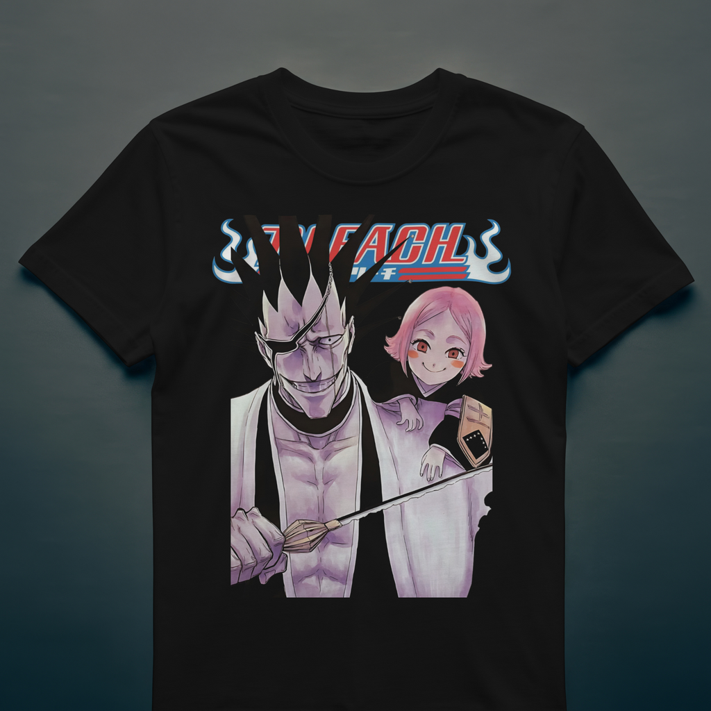 "Stylish Bleach streetwear shirt with Kenpachi Zaraki and Yachiru graphic"