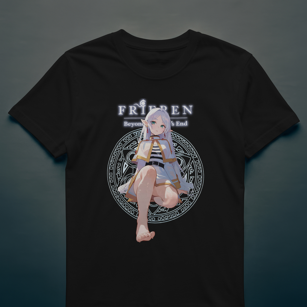 Unique anime graphic shirt with barefoot female character design inspired by Frieren
