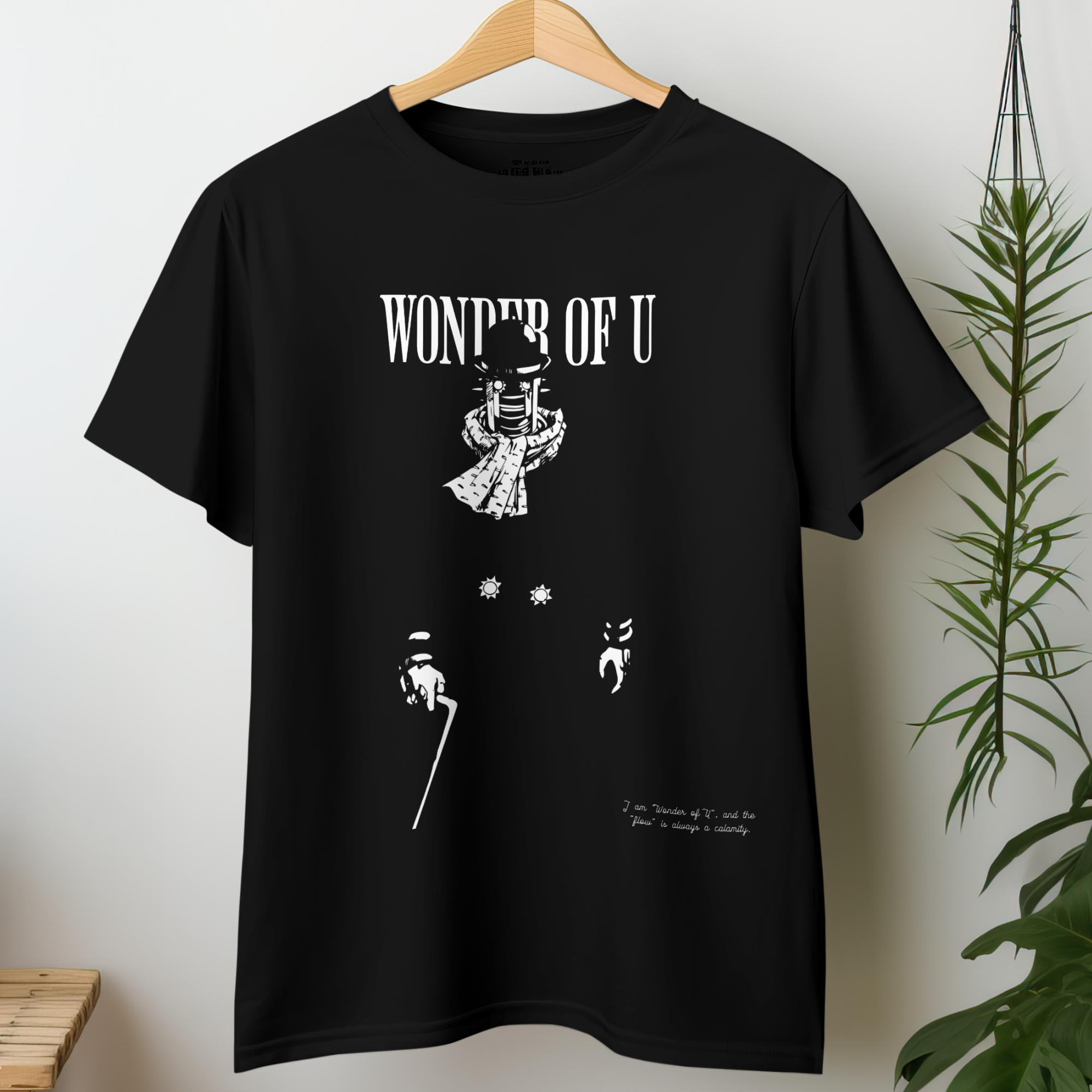 Wonder of U JoJo’s Bizarre Adventure JoJolion T-shirt in black and white minimalist manga design