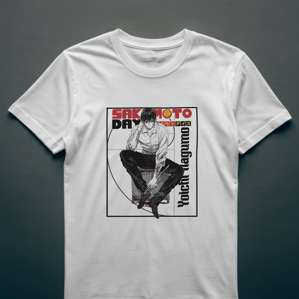 Unique Japanese anime T-shirt featuring Yoichi Nagumo character art from Sakamoto Days