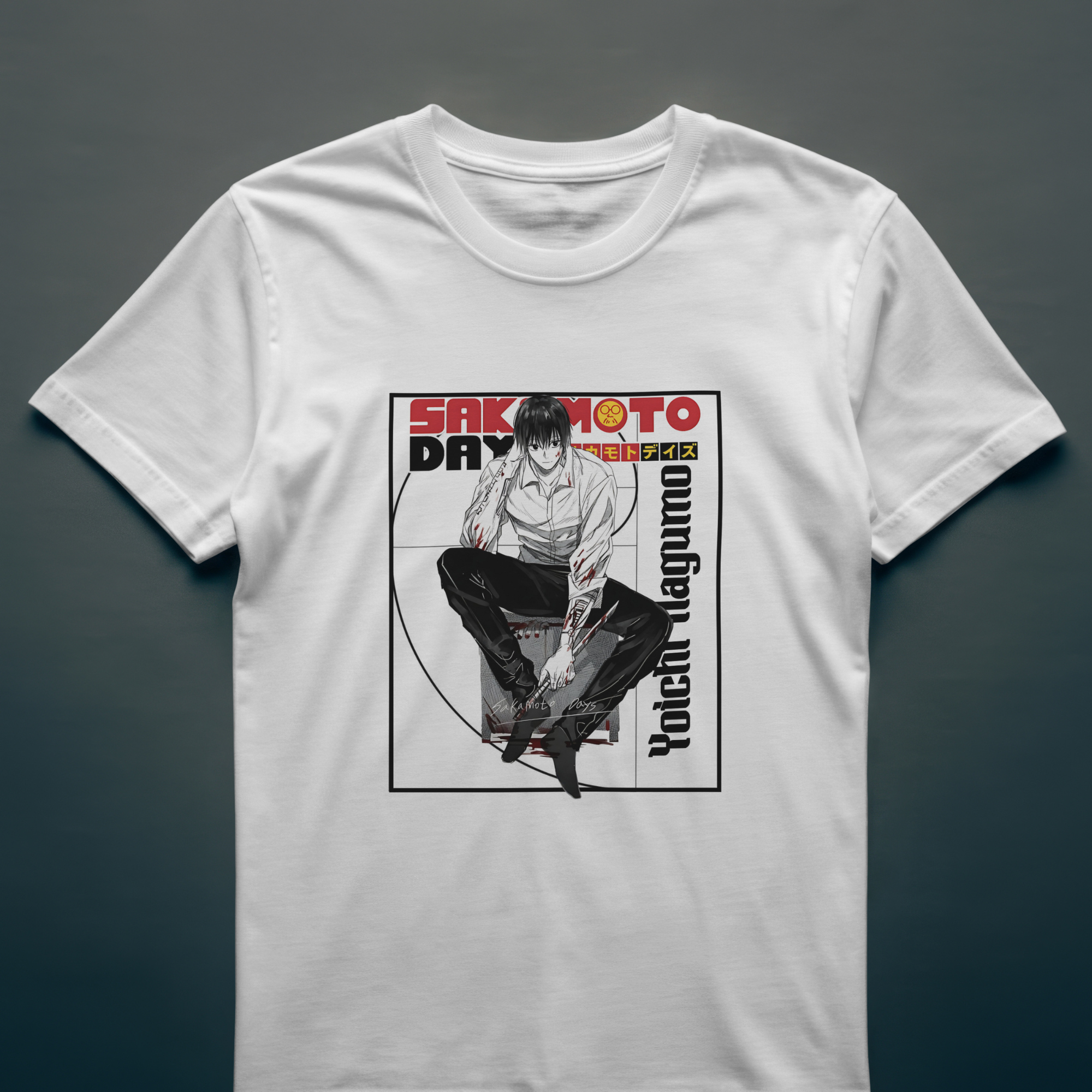 Unique Japanese anime T-shirt featuring Yoichi Nagumo character art from Sakamoto Days
