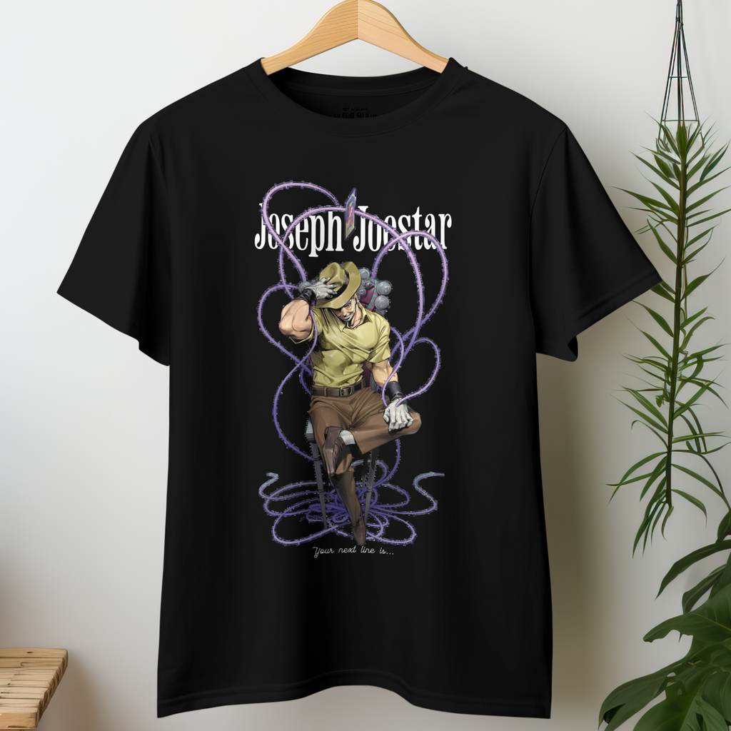 Black Joseph Joestar Stardust Crusaders anime t-shirt featuring iconic JoJo’s Bizarre Adventure design.