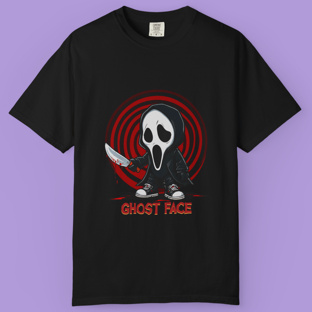 Ghost Face parody graphic shirt for horror lovers, spooky and stylish Halloween streetwear tee.