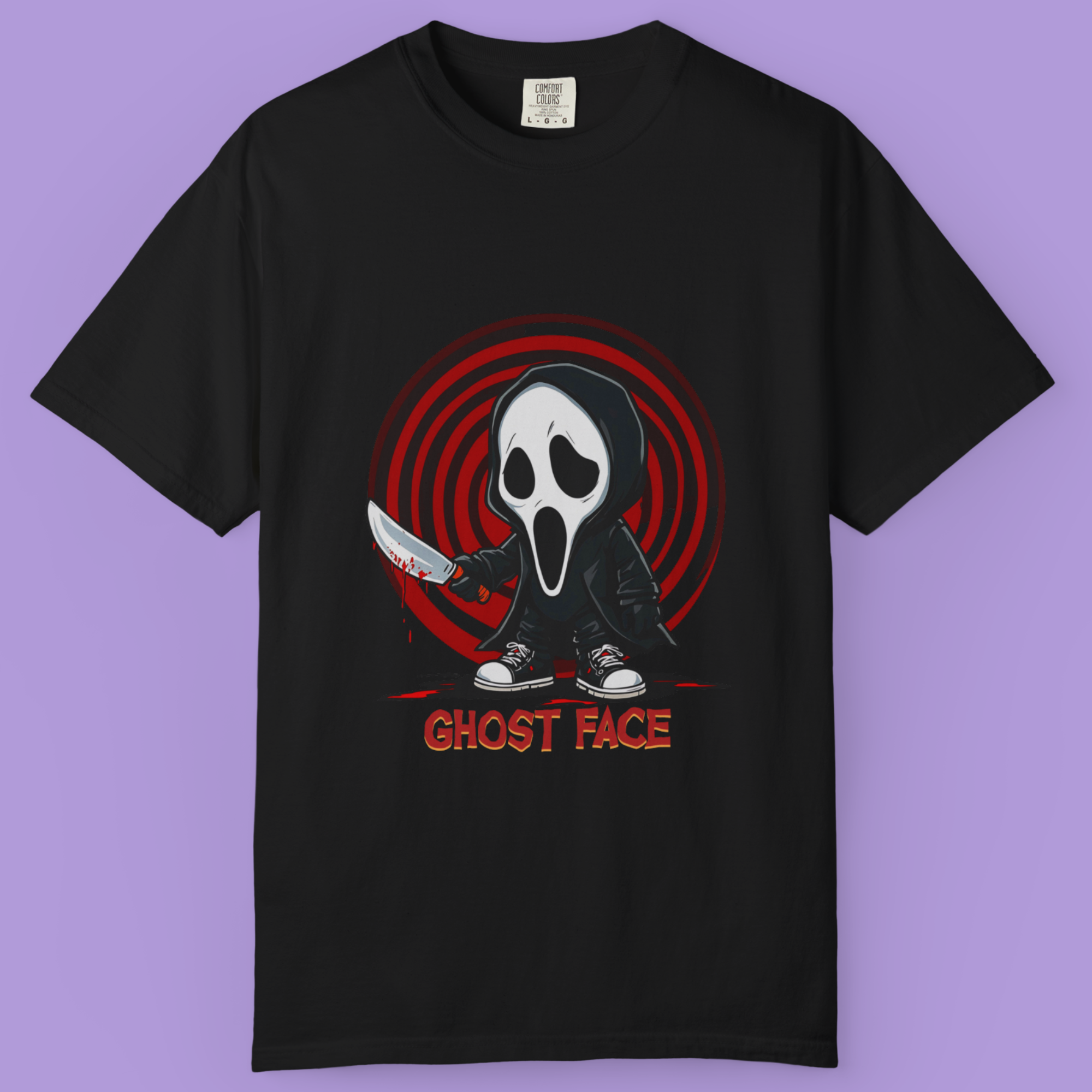 Ghost Face parody graphic shirt for horror lovers, spooky and stylish Halloween streetwear tee.