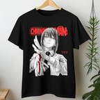 Anime streetwear black T-shirt featuring Makima from Chainsaw Man with bold manga design.