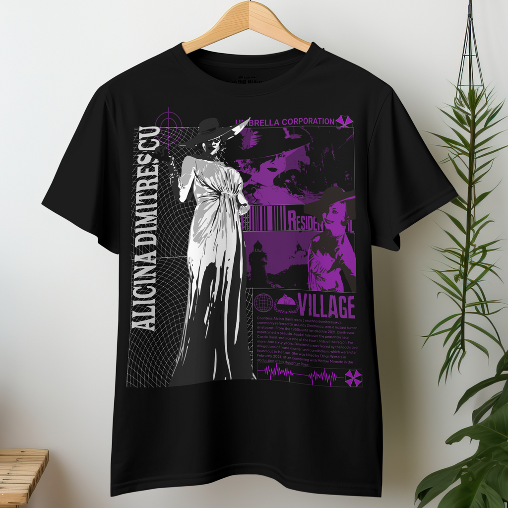 Black Resident Evil Village Lady Dimitrescu T-Shirt with gothic horror design for gamers and collectors.