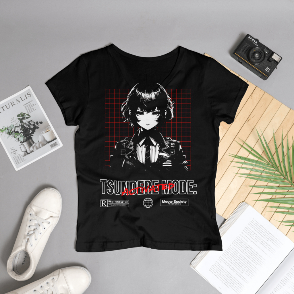 "Tsundere Mode" Dark Anime Girl T-Shirt with Cyberpunk Streetwear aesthetic.