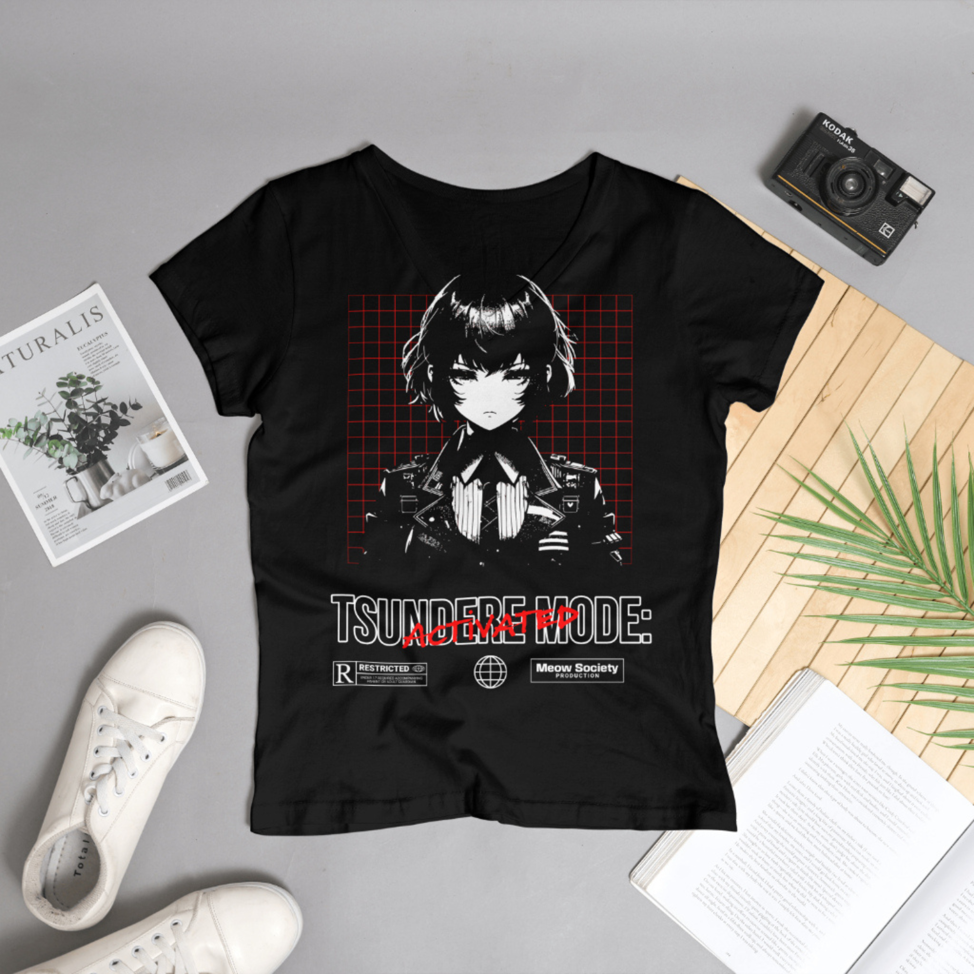 "Tsundere Mode" Dark Anime Girl T-Shirt with Cyberpunk Streetwear aesthetic.