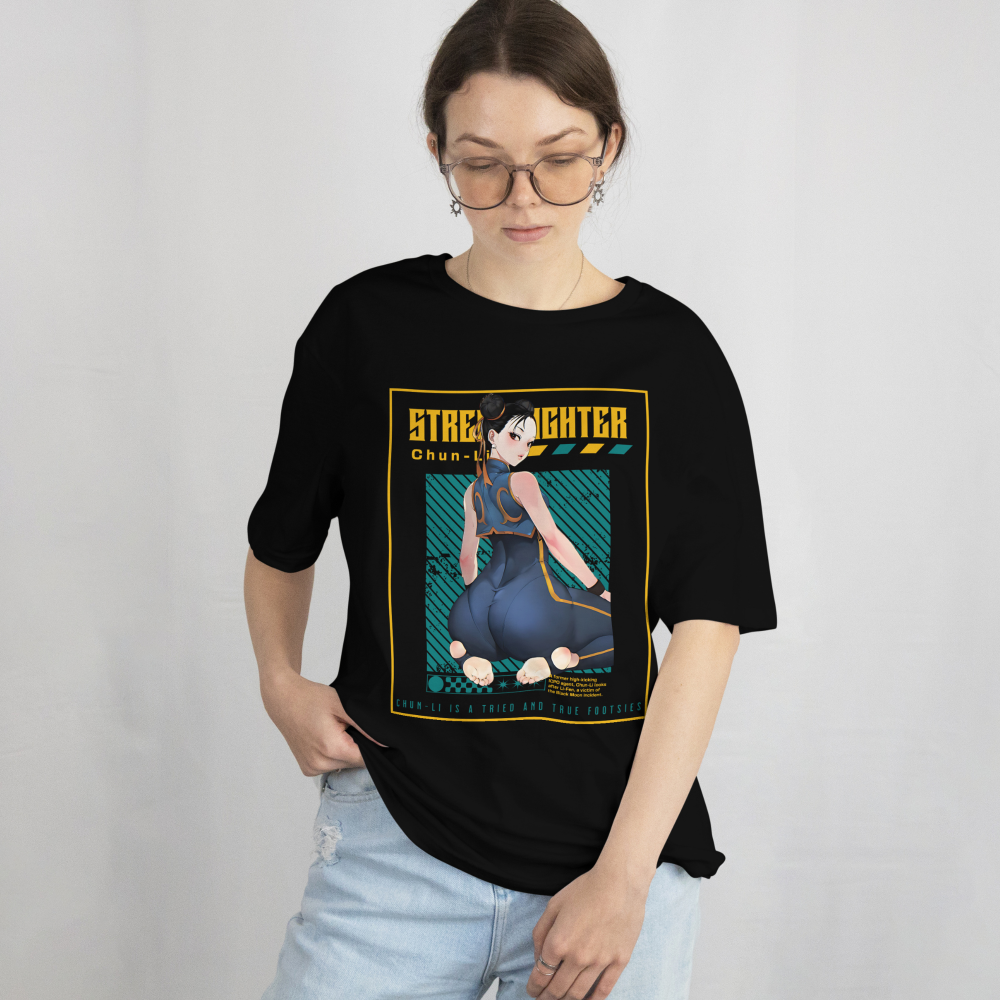 "Bold Chun-Li Street Fighter shirt with Japanese arcade fighting game artwork"