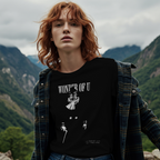 Minimalist black and white JoJo Stand T-shirt featuring Wonder of U character art