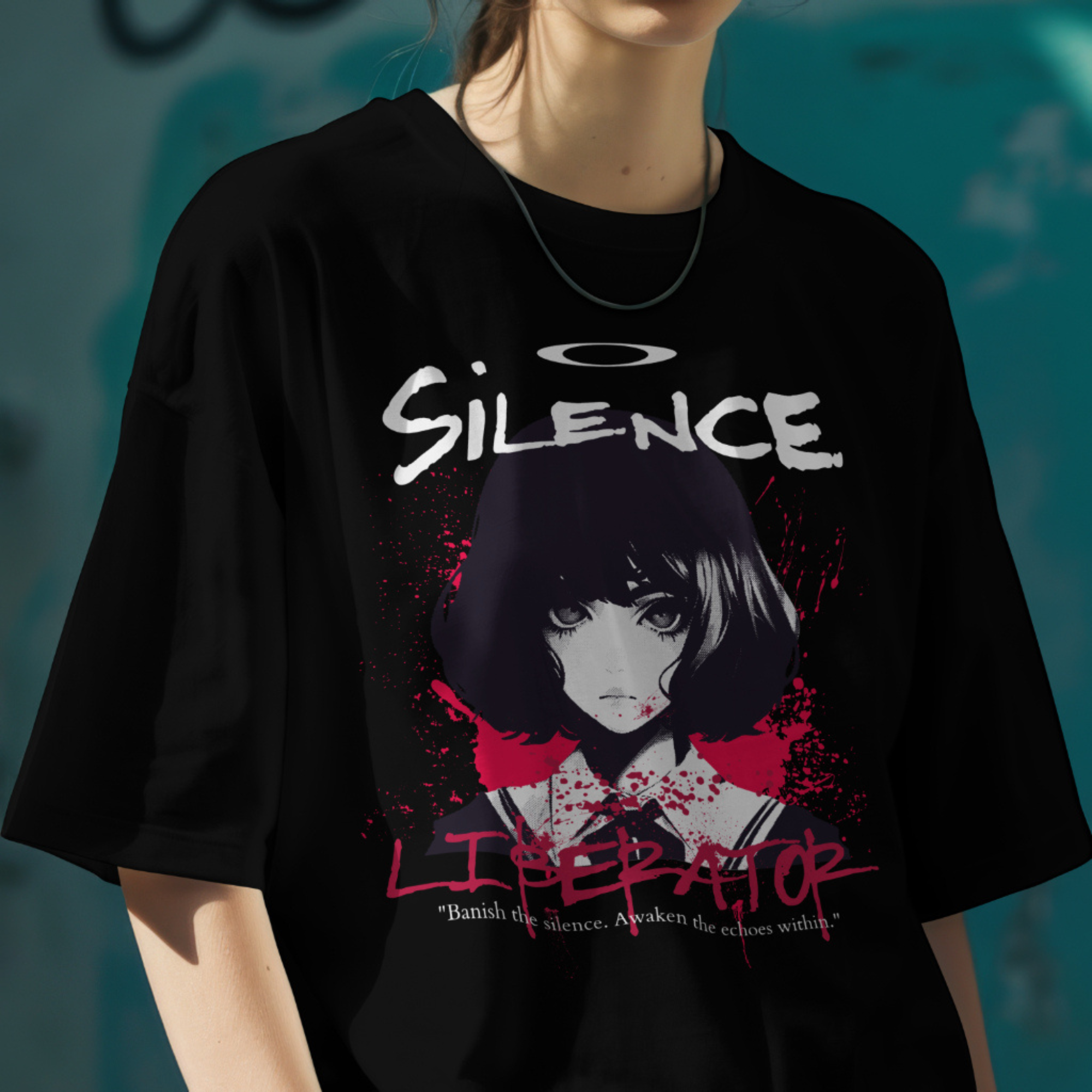 Japanese Grunge Aesthetic tee featuring "Silence Liberator" print and red blood splatter design.