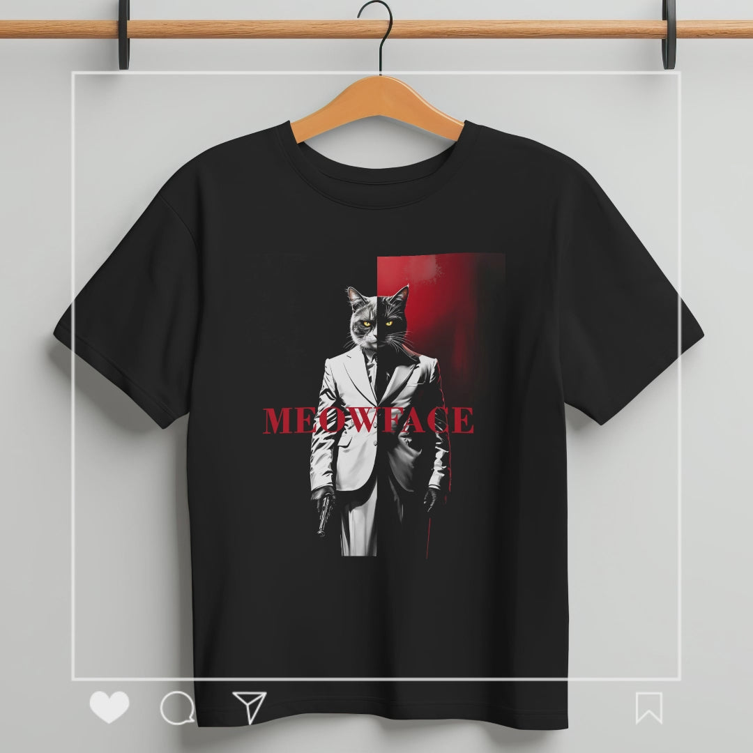 Video show Black graphic t-shirt featuring mafia cat parody design in white suit with red backdrop – Comfort Colors 1717 streetwear tee.