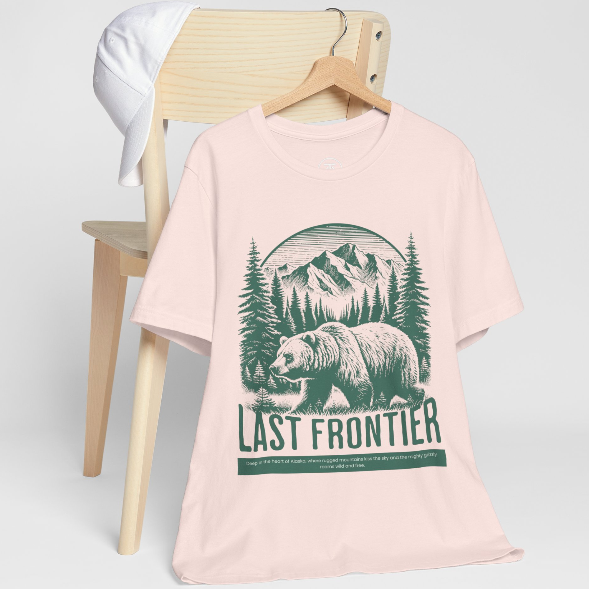 "Last Frontier Alaska adventure shirt with rugged grizzly bear illustration"