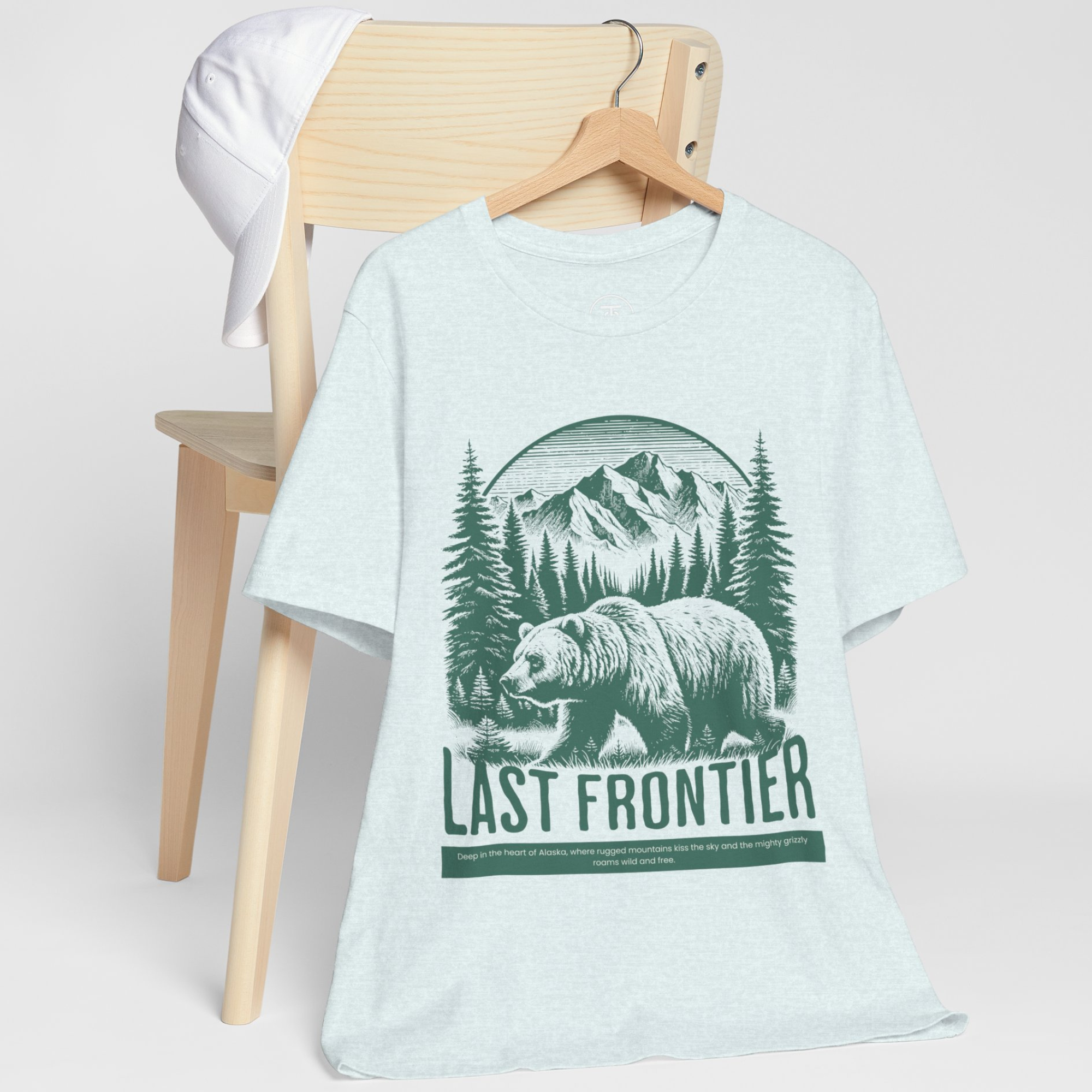 "Nature lover graphic tee with Alaska mountains, forest, and bear print"